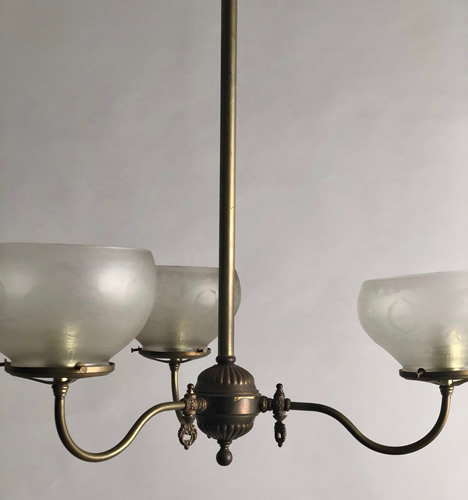 Pair of 3-arm Gas Chandelier w/ Acid Etched Gas shades